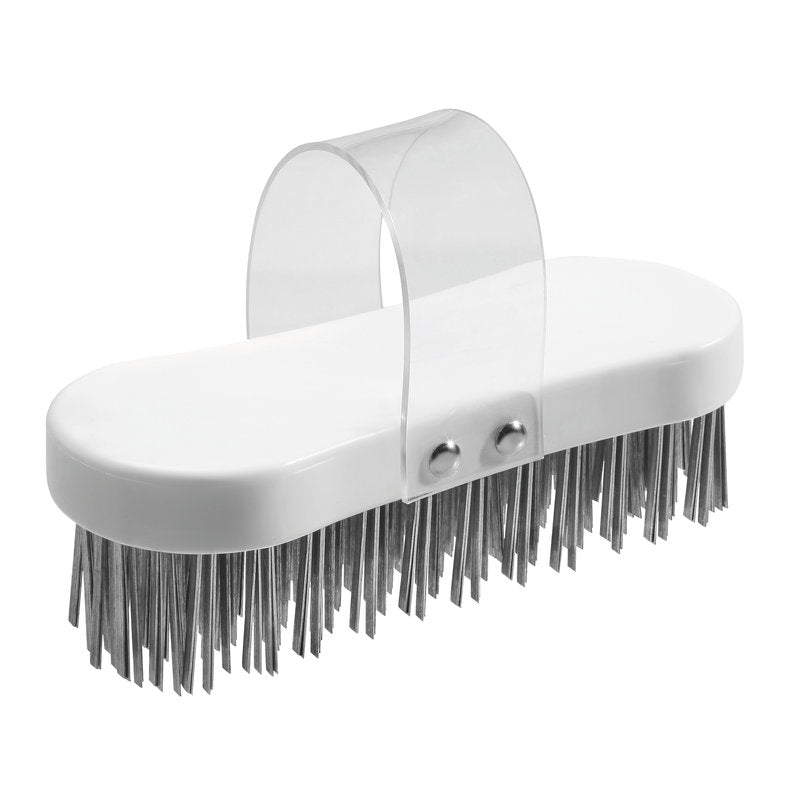 A Haug Bürsten KG Hackstockbürste, arame plano com espessura de 3,3x0,6mm Hart185x75x37, uma escova oval branca com cabo transparente e cerdas de metal rígidas para processamento de madeira, é mostrada em um fundo simples.