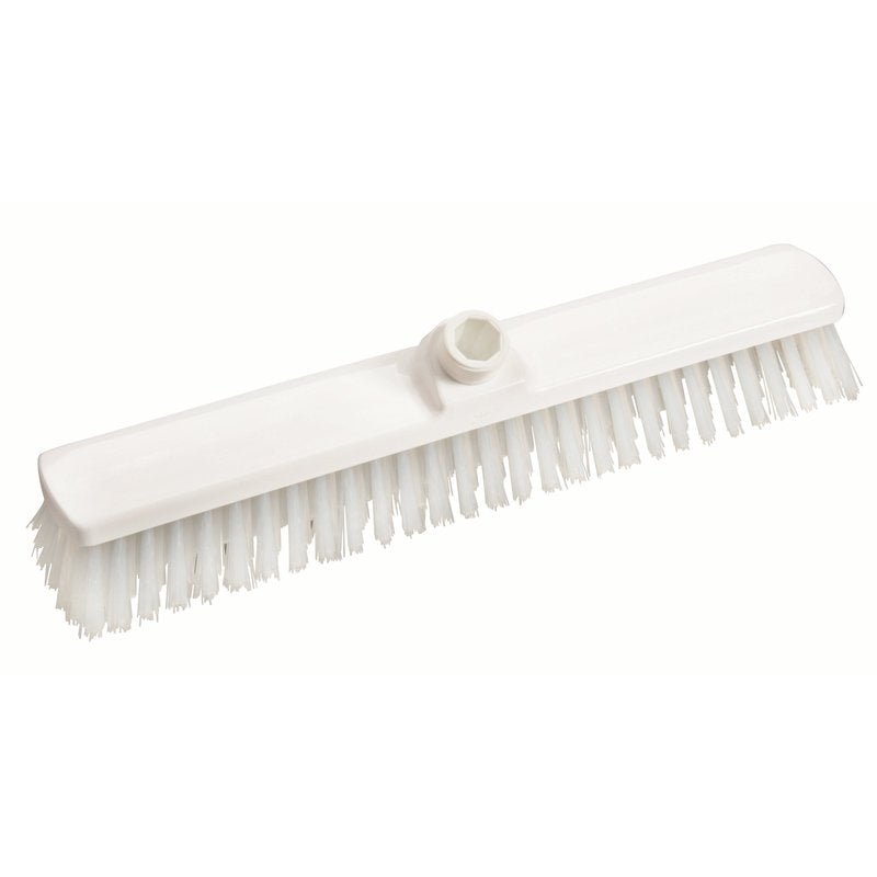 O Haug Bürsten KG GROßRAUMWISCHER, PBT TRANSP. ø 0,50MM MÉDIO 400X60X40MM é uma cabeça de esfregão branca com cerdas PBT rígidas e retas e um encaixe de rosca para o cabo, ideal para a limpeza do chão, ilustrado sobre um fundo de cor sólida.