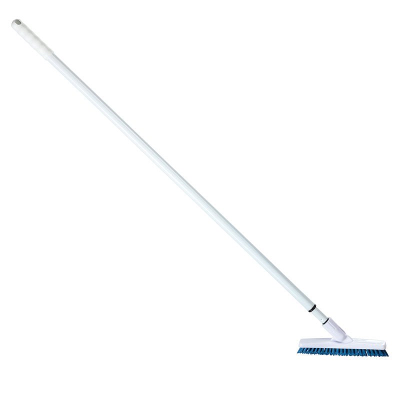 A Haug Bürsten A escova para juntas KG, com cabo telescópico longo (PP azul, ø 0,60 mm, dura), é ideal para a limpeza de juntas de azulejos e possui um cabo branco com cerdas azuis, representada num fundo branco liso.