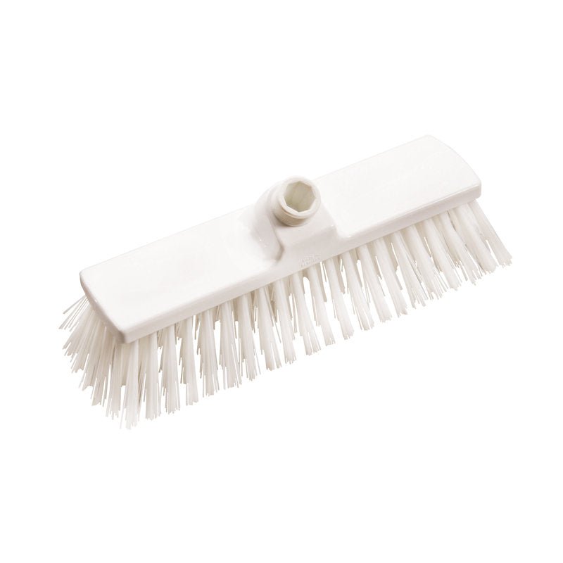 A BESEN, PBT HART 300X70X65MM, ø1,0MM de Haug Bürsten KG: uma cabeça de escova retangular branca com cerdas rígidas e fixação central para cabo, representada isoladamente sobre um fundo branco simples.