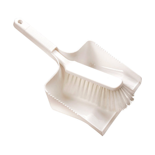 Die KEHRGARNITUR, PBT UNGESCHL, 350X222X110MM von Haug Bürsten KG verfügt über steife PBT-Borsten zum Reinigen; die Bürste passt in die Kehrschaufel, und beide haben geriffelte Griffe für einen bequemen Halt.