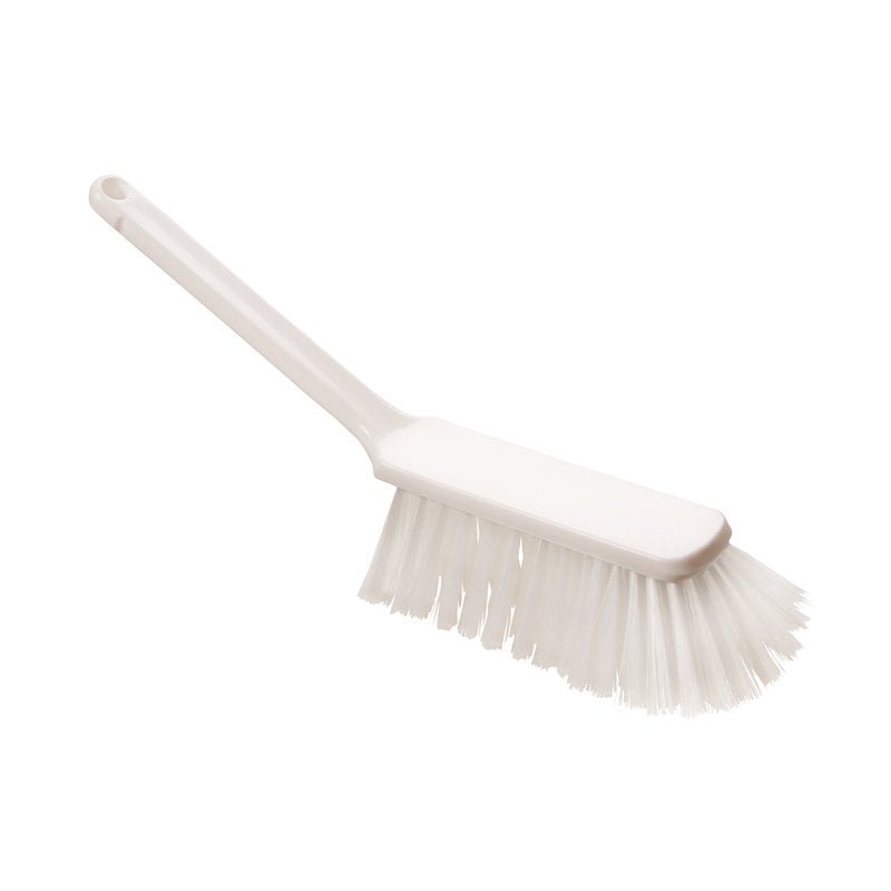 A HANDBESEN, PBT NÃO FENDIDO, 310X40X50MM de Haug Bürsten KG é uma escova de mão de plástico branca com cabo longo e cerdas rígidas de PBT, ideal para a limpeza de pisos. Aqui ilustrada sobre um fundo branco simples.