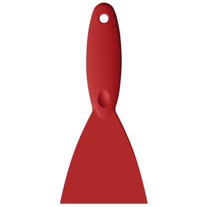 Das SPACHTEL,PP, 250x110X18MM von Haug Bürsten KG ist ein rotes Spachtelmesser mit breiter flacher Klinge und abgerundetem Griff mit Aufhängeloch, abgebildet auf weißem Hintergrund.