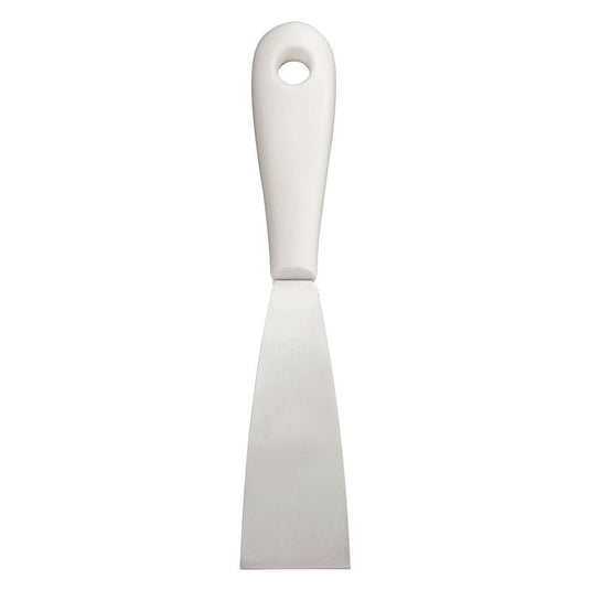 A ESPÁTULA COM CABO DE PLÁSTICO, AÇO INOXIDÁVEL, INOXIDÁVEL da Haug Bürsten KG convence com lâmina de aço inoxidável plana e retangular, cabo de plástico branco sólido e orifício para pendurar - durável e versátil.