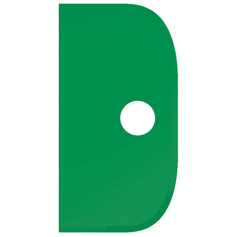 Um SCHABER GRANDE verde, flexível (230x118mm, PP) da Haug Bürsten KG tem uma borda esquerda reta, um lado direito arredondado e um furo branco circular central em um fundo branco.