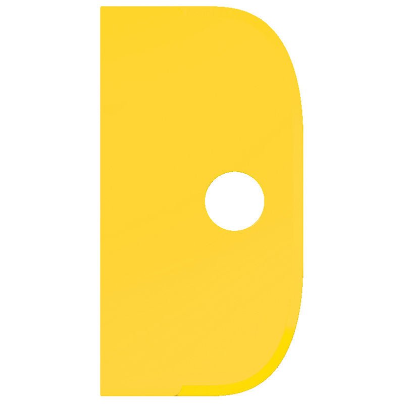 O SCHABER GRANDE da Haug Bürsten KG é um raspador de polipropileno amarelo, flexível e plano (230x118mm) em forma de D com uma borda direita lisa e arredondada, uma borda esquerda reta e vertical, e um furo redondo central.