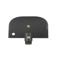 Der ESD SCHABER GROß von Haug Bürsten KG ist ein schwarzer ESD-sicherer PP-Werkzeugkopf mit breiter, flacher Klinge, Adapter für IN-UP, unterem Mittelgewindeanschluss, linksseitiger Bohrung und zwei Warnsymbolen auf der Vorderseite.