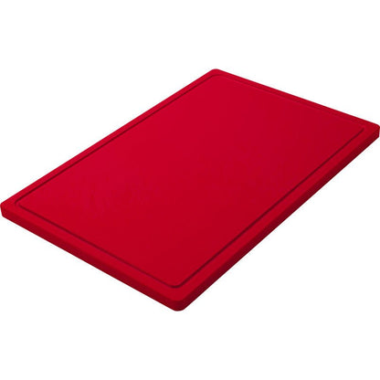 A TÁBUA DE CORTE GRANDE, PE, ANTIDERRAPANTE, 600X400X20MM da Haug Bürsten KG é uma tábua de corte retangular vermelha antiderrapante com cantos arredondados e sulco ao redor sobre fundo branco.