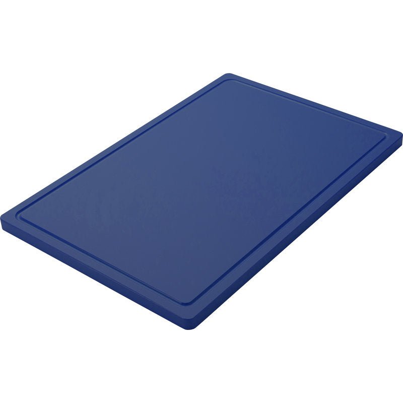 A TÁBUA DE CORTE GRANDE da Haug Bürsten KG é uma grande tábua de corte azul, antiderrapante, de PE (600x400x20mm) com bordas ligeiramente elevadas sobre fundo branco.
