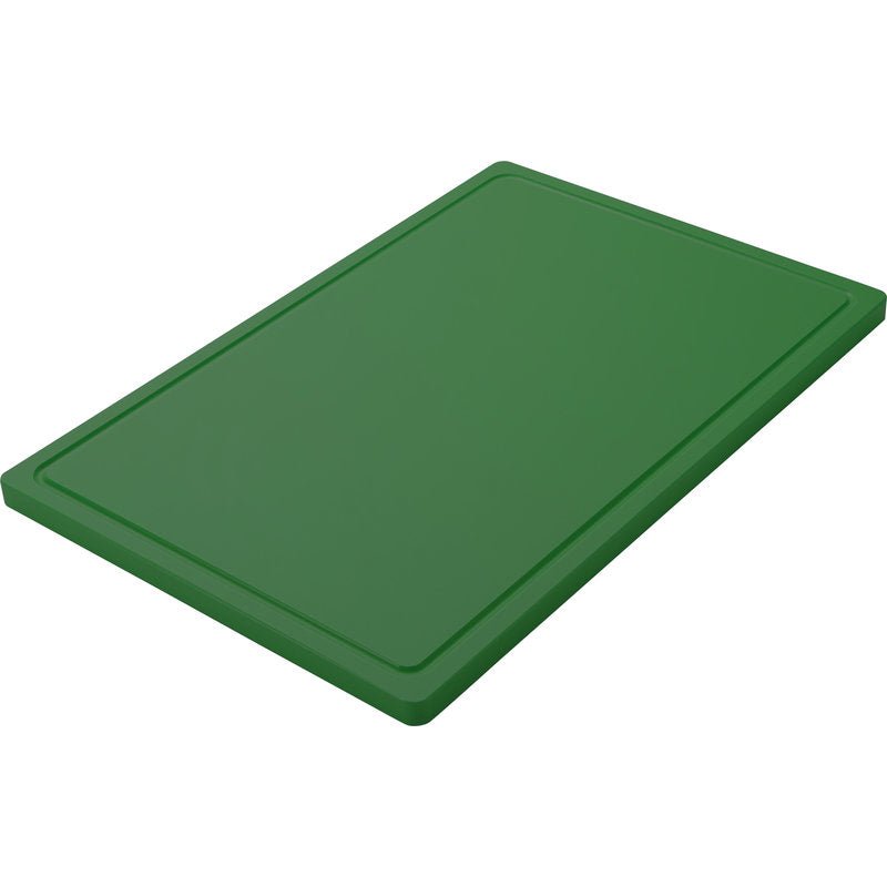 Uma TÁBUA DE CORTE GRANDE verde, PE, antiderrapante (600x400x20mm) da Haug Bürsten KG é usada como tampa retangular e apresentada em ângulo diante de um fundo branco.