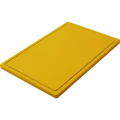 Uma grande TÁBUA DE CORTE GRANDE amarela, PE, antiderrapante (600x400x20mm) da Haug Bürsten KG com bordas elevadas e superfície antiderrapante, apresentada diante de um fundo branco.