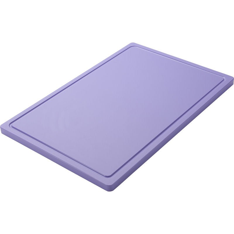 É apresentada uma TÁBUA DE CORTE GRANDE retangular, violeta (600x400x20mm) da Haug Bürsten KG de PE antiderrapante com borda ligeiramente elevada diante de um fundo branco.