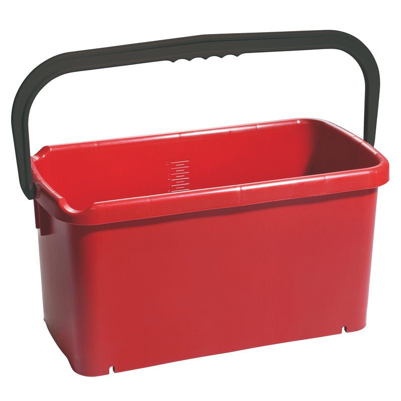 O BALDE, QUADRADO, PP de Haug Bürsten KG tem capacidade de 20 L (480x235x230 mm), é feito de polipropileno vermelho e possui uma grande alça preta. O interior está vazio, os lados são lisos e a base é ligeiramente arredondada.