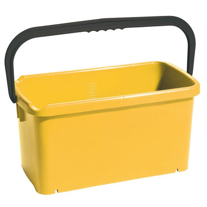 O balde quadrado de Haug Bürsten KG em polipropileno (PP), com capacidade de 20L (480x235x230mm), destaca-se em amarelo com alça preta curva, superfície lisa e marcações internas para fácil medição.