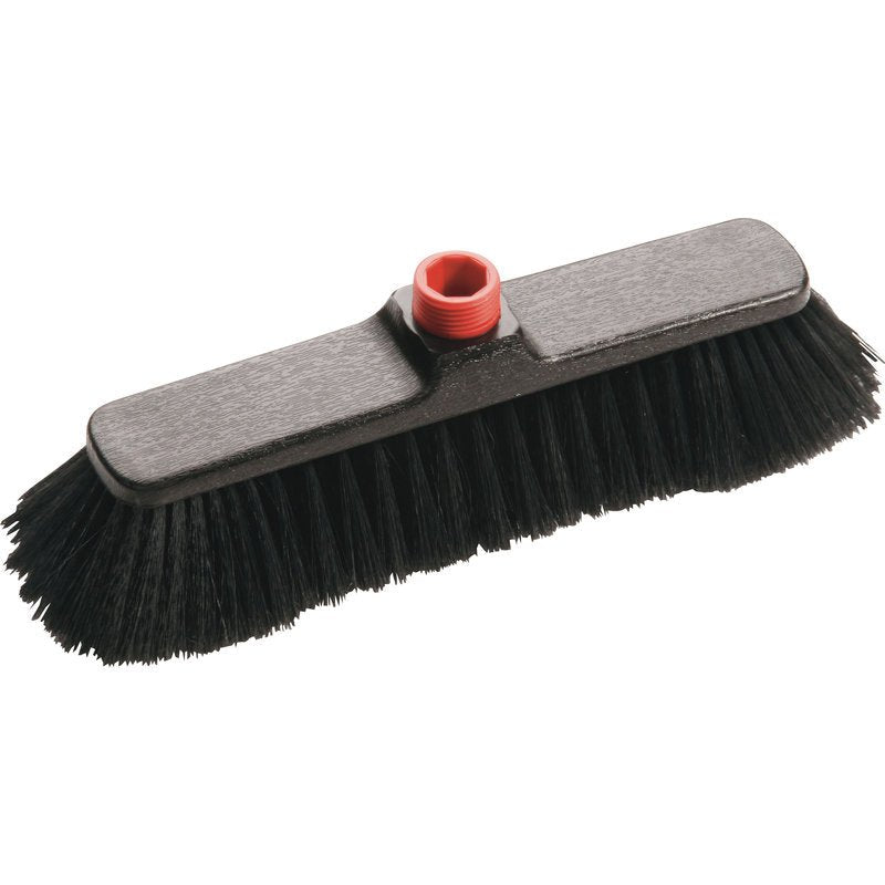 O Haug Bürsten KG IN-UP BESEN possui uma cabeça de vassoura preta de poliéster (290x45x57mm) com cerdas macias (ø0,18/0,20mm) e uma rosca vermelha para fácil fixação do cabo, ideal para uma limpeza eficaz.