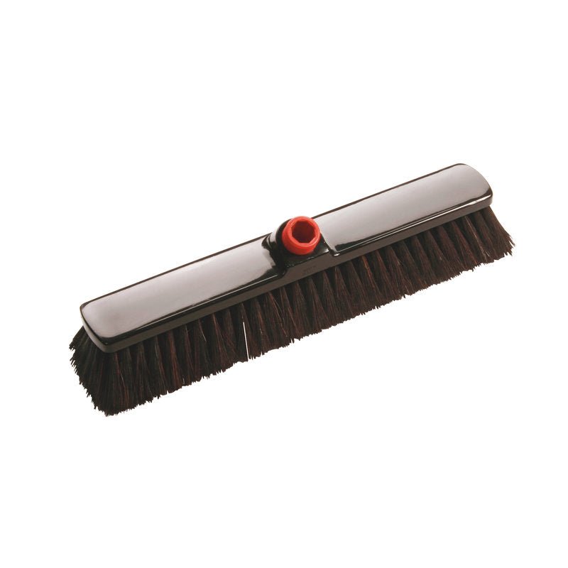 A VASSOURA DE GRANDE ÁREA IN-UP da Haug Bürsten KG possui uma cabeça grande de 400x60x60mm com cerdas macias de crina de cavalo/poliéster com cerdas escuras, uma base preta e um conector angular vermelho para fácil fixação do cabo - ideal para limpeza interna e pisos delicados.