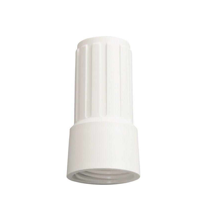A PORCA DE SOBREPÔR PARA ADAPTADOR E1100019 da Haug Bürsten KG é um conector de plástico branco com ranhuras verticais, que está em pé sobre um fundo branco simples, ideal para a criação de uma conexão robusta.