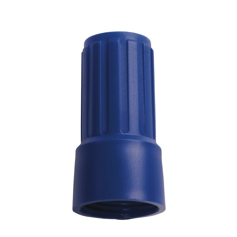 Conector de fio azul de plástico com parte superior ranhurada e parte inferior lisa para torcer fios elétricos, compatível com a PORCA DE SOBREPÔR PARA ADAPTADOR E1100019 da Haug Bürsten KG para conexões seguras.