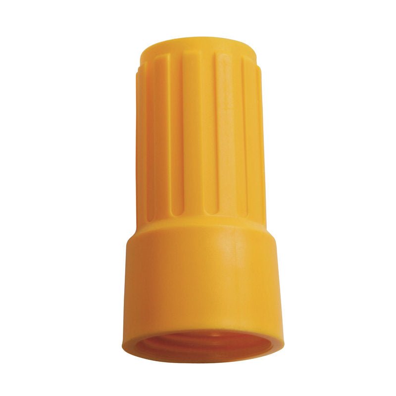 A PORCA DE SOBREPÔR PARA ADAPTADOR E1100019 da Haug Bürsten KG é um conector de plástico amarelo com forma cilíndrica ranhurada e extremidade fechada, utilizado para conexões seguras de fios elétricos.