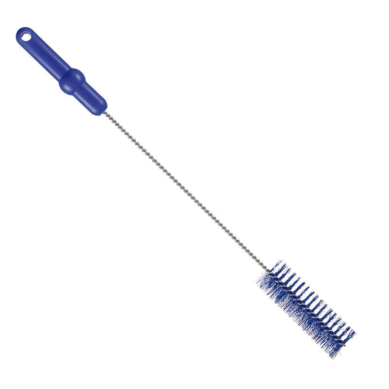 A ESCOVA DE TUBO Haug Bürsten KG, ø 0,50MM MÉDIA, 500Xø40MM tem cerdas azuis rígidas e uma longa haste torcida com cabo azul e orifício para pendurar - ideal como escova de limpeza para tubos ou para limpar garrafas e recipientes estreitos.