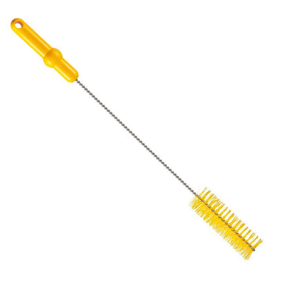 A ESCOVA DE TUBO, ø 0,50MM MÉDIA, 500Xø40MM da Haug Bürsten KG tem cerdas amarelas rígidas, um cabo amarelo e uma longa haste de metal torcida - perfeita como escova de limpeza para tubos. Fotografada em fundo branco.