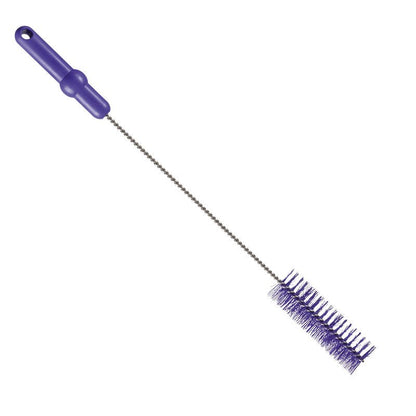 A ESCOVA DE TUBO Haug Bürsten KG, ø 0,50MM MÉDIA, 500Xø40MM tem um cabo de plástico violeta, uma longa haste de metal torcida e cerdas cilíndricas densas violeta, ideal como escova de limpeza para tubos e em fundo branco.