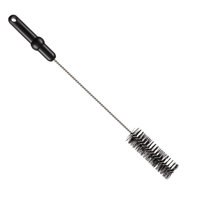 A ESCOVA DE TUBO, ø 0,50MM MÉDIA, 500Xø40MM da Haug Bürsten KG tem um cabo de plástico preto, uma haste de metal torcida e cerdas cilíndricas densas pretas - ideal como escova de limpeza de tubos. Mostrada isolada em fundo branco.