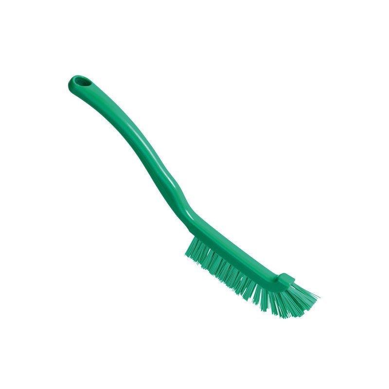 A ESCOVA DE JUNTA ø 0,50MM DURA da Haug Bürsten KG tem cerdas robustas e um cabo longo, ligeiramente curvado, com um orifício para pendurar, para uma limpeza fácil das juntas. Tamanho: 220x15x19mm. Escova verde sobre fundo branco liso.