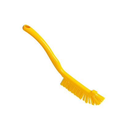 A ESCOVA DE JUNTA da Haug Bürsten KG, ø 0,50MM DURA, 220x15x19mm, tem cerdas de plástico amarelo robustas e um cabo longo e curvado, perfeito para a limpeza de juntas. Exposta sobre um fundo branco simples.