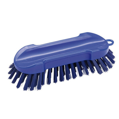A WASCHBÜRSTE RUND, HART 205X65X30MM da Haug Bürsten KG, um esfregão de plástico azul com cerdas duras e cabo curvado, está ilustrada em fundo branco - ideal para tarefas de limpeza.