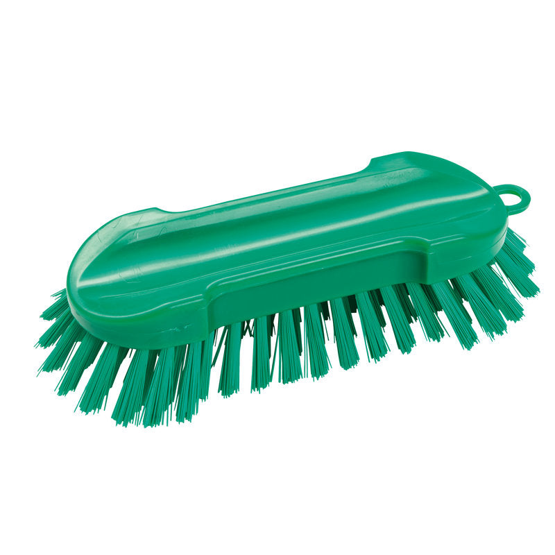 Die WASCHBÜRSTE RUND von Haug Bürsten KG hat harte Borsten aus PBT hart, einen gebogenen grünen Kunststoffgriff und misst 205x65x30mm, abgebildet auf weißem Hintergrund.