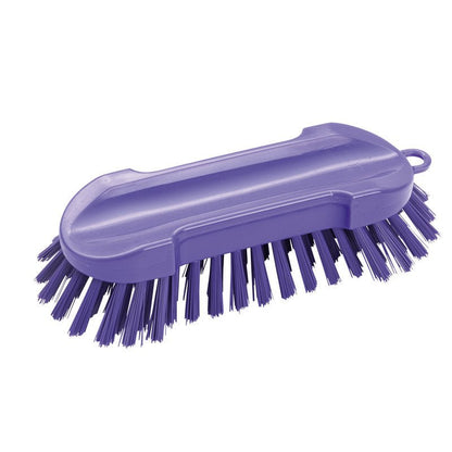 A Haug Bürsten KG WASCHBÜRSTE RUND, HART 205X65X30MM é uma escova violeta com cerdas duras, um cabo ergonômico de plástico e uma alça para pendurar. É ideal para limpeza profunda e está ilustrada em fundo branco.