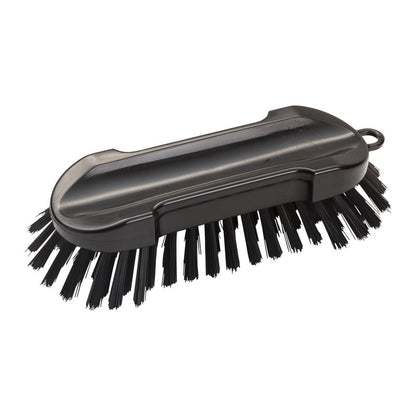 A WASCHBÜRSTE RUND, HART 205x65x30mm da Haug Bürsten KG tem um cabo de plástico preto robusto com cerdas duras para uma limpeza eficaz. As cerdas anguladas removem a sujeira sem esforço, e o cabo tem uma alça para pendurar. Ilustrada em fundo branco.
