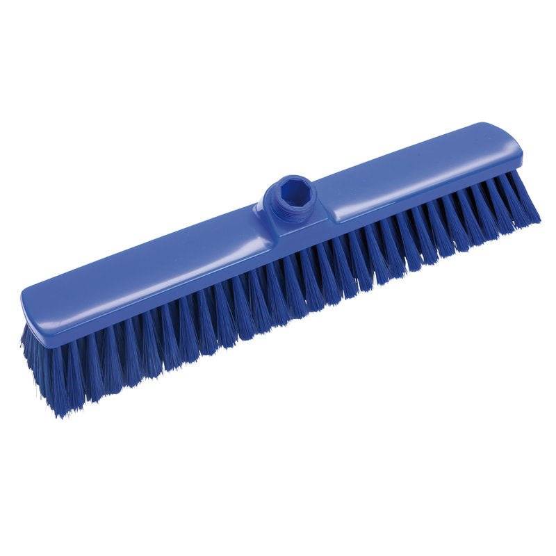 A VASSOURA DE GRANDE ÁREA, NÃO LACRADA, Ø 0,25MM MACIA, 400MM da Haug Bürsten KG é uma cabeça de vassoura azul com cerdas macias e um furo central para fixação do cabo, perfeita para varrer grandes superfícies. Representada em fundo branco.