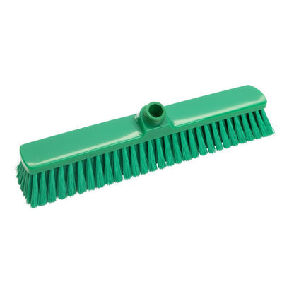 A VASSOURA DE GRANDE ÁREA, NÃO LACRADA, Ø 0,25MM MACIA, 400MM da Haug Bürsten KG é uma vassoura de plástico verde com cerdas macias e um furo central com rosca para fixação do cabo, perfeita para varrer grandes superfícies. Representada em fundo branco.