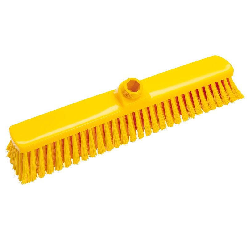 A VASSOURA DE GRANDE ÁREA, NÃO LACRADA, Ø 0,25MM MACIA, 400MM da Haug Bürsten KG é uma cabeça de vassoura amarela com cerdas macias e furo central com rosca para fixação do cabo - ideal para grandes superfícies, representada em fundo branco.