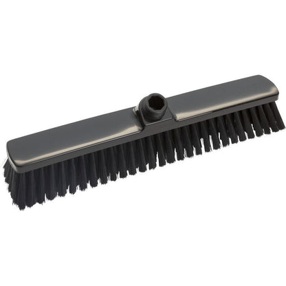 A VASSOURA DE GRANDE ÁREA da Haug Bürsten KG possui uma cabeça retangular de 400 mm de comprimento, cerdas macias com um diâmetro de 0,25 mm e uma bucha central para fixação do cabo - ideal para a limpeza eficiente de grandes superfícies.