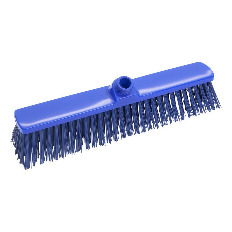 A VASOPA, HART 400X60X65M da Haug Bürsten KG é uma cabeça de vassoura de plástico azul com cerdas duras e um orifício roscado central para cabos, ideal para grandes superfícies. O produto é apresentado num fundo branco.