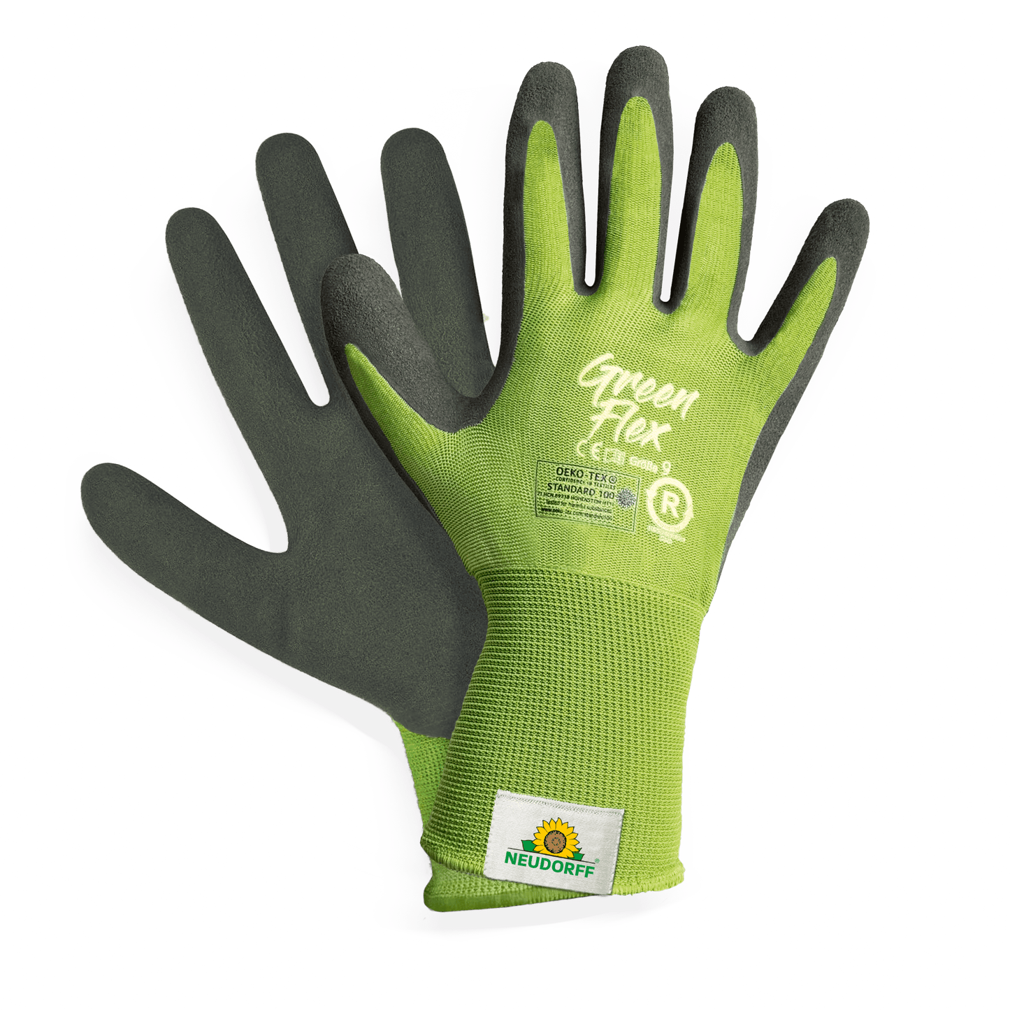 Um par de luvas sustentáveis KIXX Green Flex da Neudorff Shop em verde e preto, com um logotipo de sol e planta no pulso, representado em fundo branco.