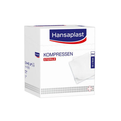 Eine weiße Schachtel Beiersdorf AG Hansaplast sterile Kompressen 10 x 10 cm, Auslaufartikel, enthält 25 x 2 Stück (50 Stück) und ist ideal für die professionelle Wundversorgung.