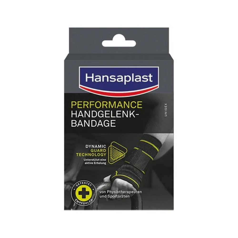 Embalagem da bandagem de pulso Hansaplast Performance da Beiersdorf AG com uma bandagem de pulso preto-amarela. Na embalagem, podem-se ver detalhes do produto e logotipos da marca, destacando Dynamic Recovery Knit e vestuário ativo.