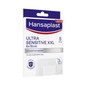 Uma imagem de um Beiersdorf AG Hansaplast Sensitive XXL, especialmente amigável para a pele 8 x 10 cm | Caixa de embalagem (5 peças). As tiras são projetadas para pele muito sensível. A caixa predominantemente branca e azul contém texto em alemão e inglês.
