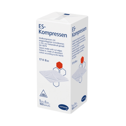 Uma imagem de produto de uma caixa de compressas ES da Hartmann de vários tamanhos, não estéreis, da Paul Hartmann AG, que são compressas de gaze estéreis. A caixa contém texto em alemão e símbolos que indicam o tamanho do produto.