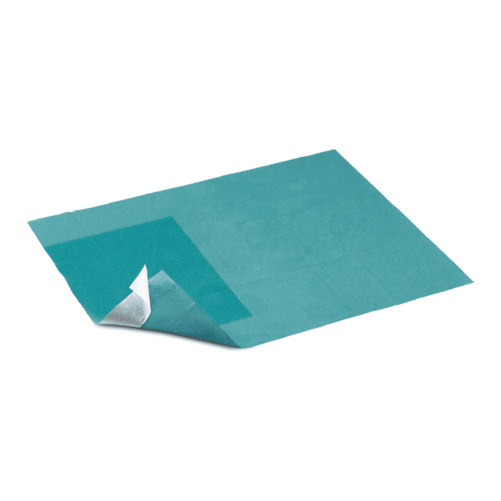 Um único campo estéril Hartmann Foliodrape® autoadesivo 50x50 cm da Paul Hartmann AG tem um canto descolado, de modo que o lado traseiro branco fica visível. O campo está colocado sobre um fundo branco. Embalagem: 90 unidades.