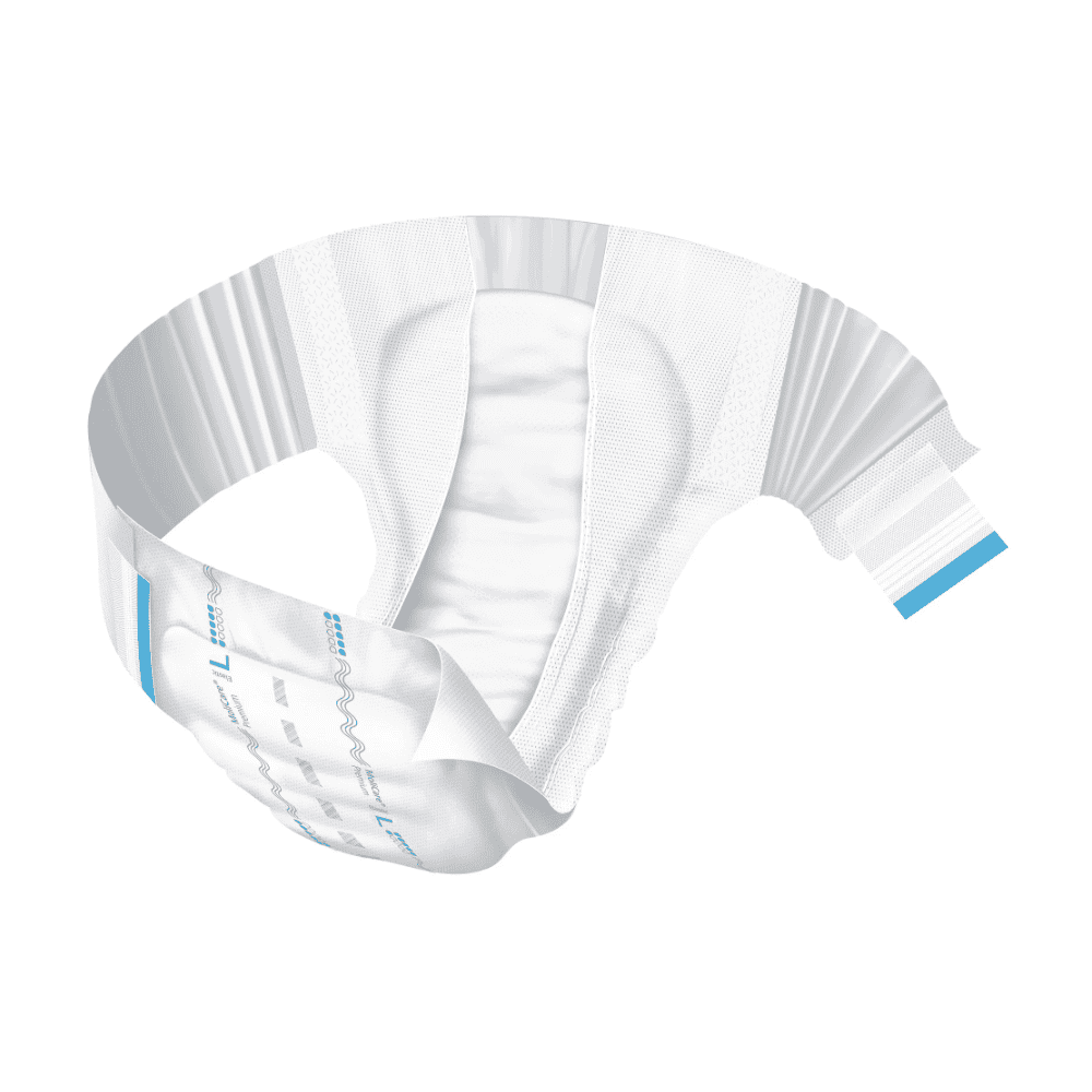 Uma fralda para adultos da linha Hartmann MoliCare® Premium Elastic da Paul Hartmann AG com design branco e azul é apresentada em uma disposição curvada sobre um fundo branco, destacando suas propriedades absorventes e flexíveis.