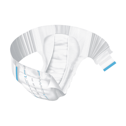 Uma fralda para adultos da linha Hartmann MoliCare® Premium Elastic da Paul Hartmann AG com design branco e azul é apresentada em uma disposição curvada sobre um fundo branco, destacando suas propriedades absorventes e flexíveis.