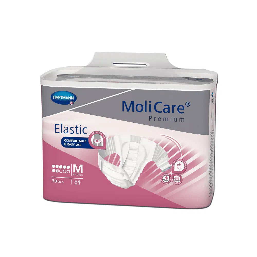 Um pacote de fraldas Hartmann MoliCare® Premium Elastic para adultos de tamanho médio, 30 unidades, com conforto e funcionalidades fáceis de usar. A embalagem é branca e rosa e vem com uma imagem do produto.