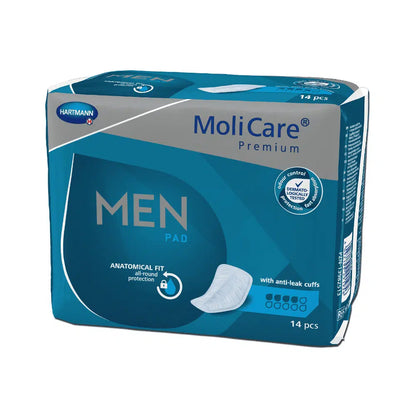 Um pacote de almofadas Hartmann MoliCare® Premium MEN PAD - 14 unidades, contém 14 unidades. A caixa é azul e branca e destaca a proteção anatômica com barreiras anti-vazamento otimizadas para incontinência urinária.