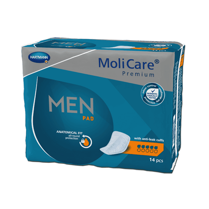 Um pacote de almofadas Hartmann MoliCare® Premium MEN PAD, composto por 14 unidades com proteção anatômica e barreiras à prova de vazamento. A embalagem é predominantemente azul com texto e logotipos em laranja e branco. Fabricado pela Paul Hartmann AG.