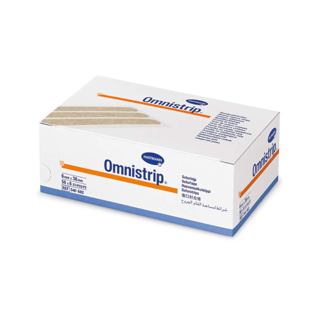 Uma caixa retangular branca com a inscrição "Artigo descontinuado: Hartmann Omnistrip 6x38mm, 1x6Un, P50 | Embalagem (300 unidades)" da Paul Hartmann AG, com acentos azuis e laranja, mostra informações em alemão e uma imagem de adesivos na parte superior.